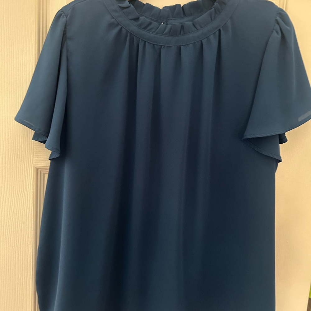 LOFT Blue Ruffle Neck Blouse - Picture 4 of 4